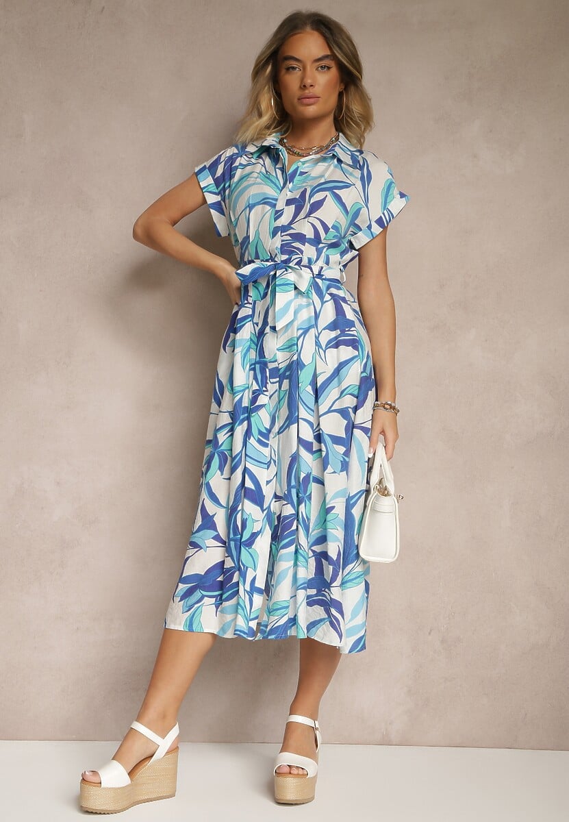 Niebieska Koszulowa Sukienka z Wiskozy z Wiązanym Paskiem Sadranise