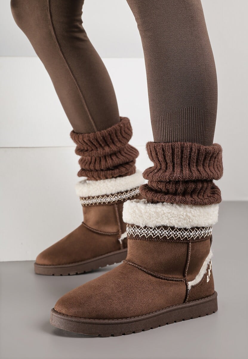 Ciemnobrązowe Śniegowce o Wsuwanym Fasonie z Haftem i Futrem przy Cholewce Mevinadia