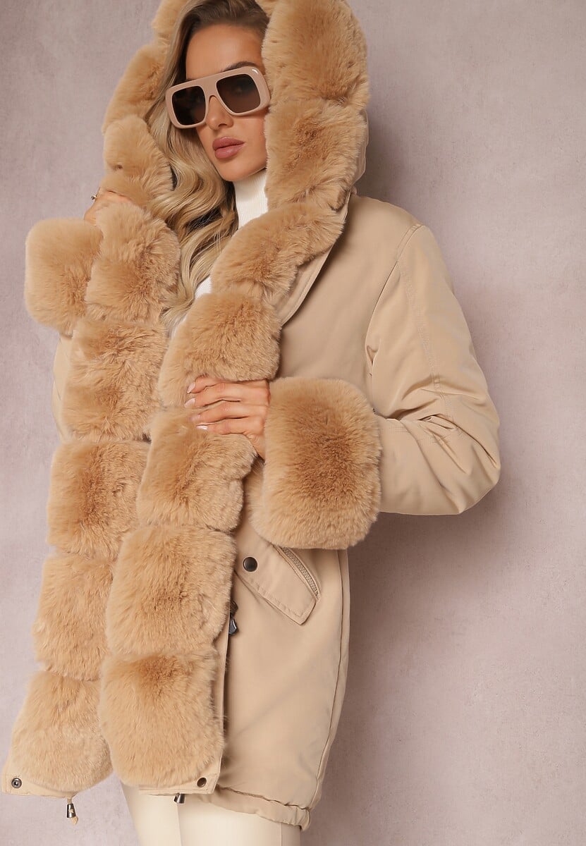 Różowa Kurtka Parka ze Ściągaczem i Kapturem z Futerkiem Bellad