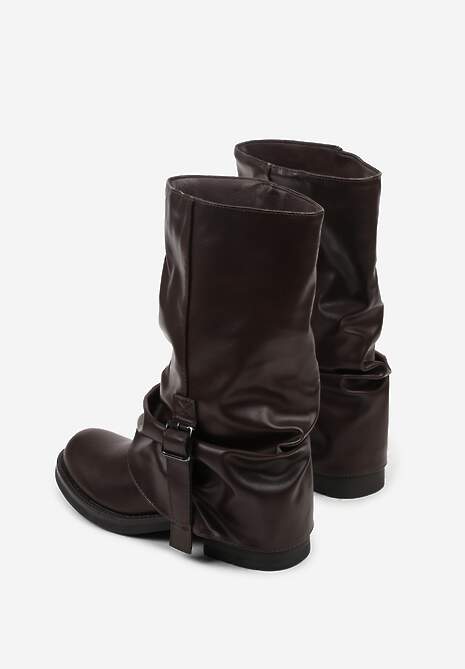 Brązowe Botki Bikery z Wywiniętą Cholewką z Marszczeniem i Klamrą Fenilea