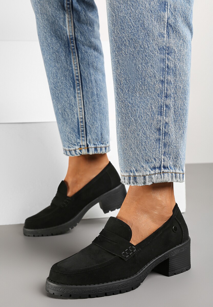 Czarne Półbuty Mokasyny na Słupku Ozdobione Paskiem Lorinnara