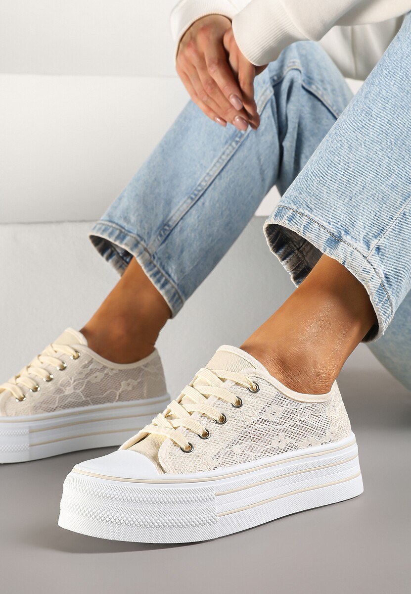 Beżowe Koronkowe Trampki Vices na Podwójnej Podeszwie Telosira