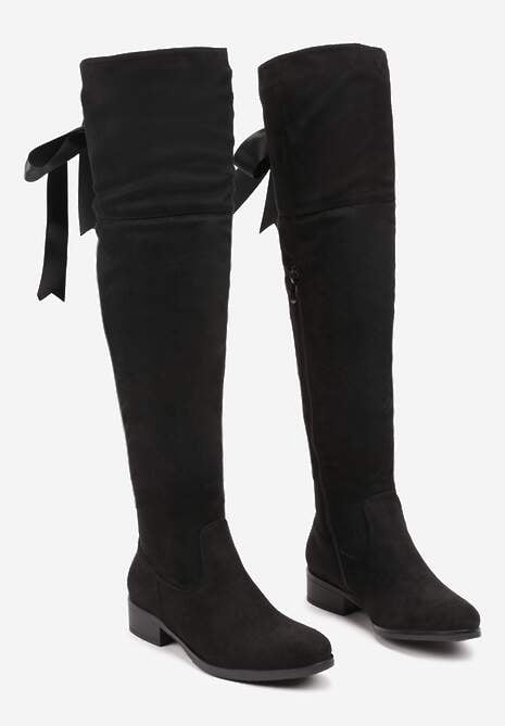 Czarne Dopasowane Kozaki Typu Muszkieterki z Ekozamszu z Długą Cholewką i Wiązanym Detalem Hanione