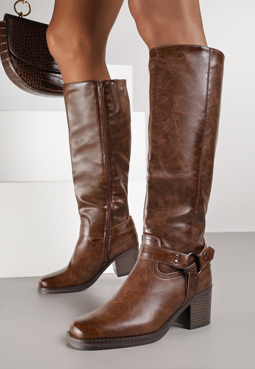 Ciemnobrązowe Kozaki na Obcasie w Stylu Bikerów z Okrągłą Klamrą Eziella