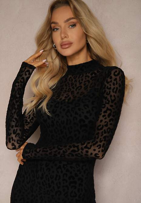 Czarna Transparentna Sukienka z Welurowym Wzorem w Panterkę z Rozcięciami Zailnn