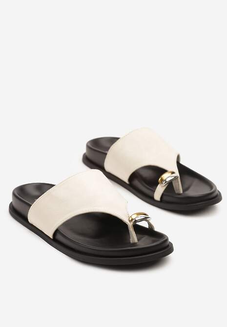 Biało-Beżowe Klapki Typu Japonki Ozdobione Metaliczną Aplikacją Sarfitis