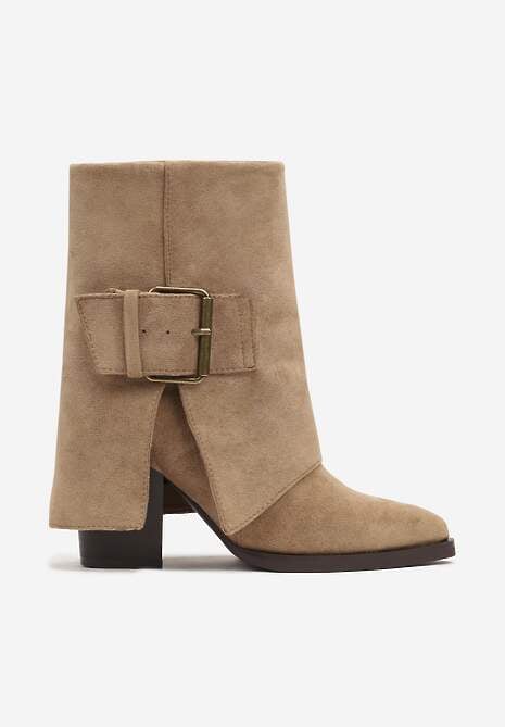 Ciemnobeżowe Botki Kowbojki na Słupku Ozdobione Wywiniętą Cholewką Ansinae