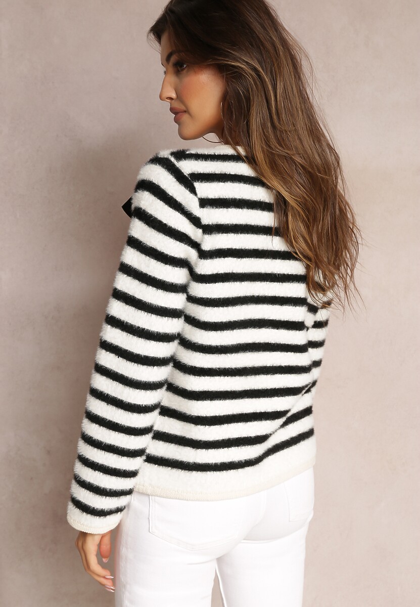 Biały Kardigan z Wiskozowej Dzianiny w Paski z Satynową Kokardką Apiemia