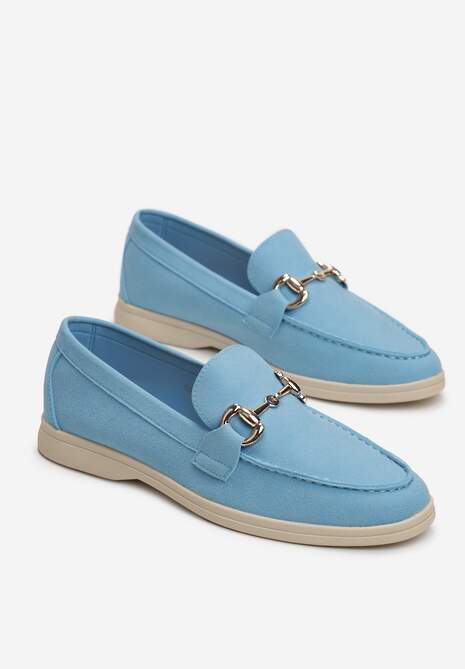 Niebieskie Mokasyny na Płaskiej Podeszwie z Przeszyciami i Ozdobną Klamerką Alenor