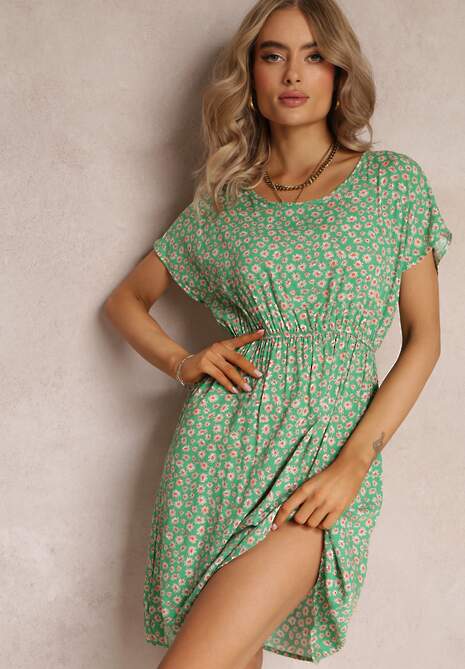 Zielona Rozkloszowana Sukienka Mini w Kwiaty z Gumką w Pasie z Wiskozy Elineano