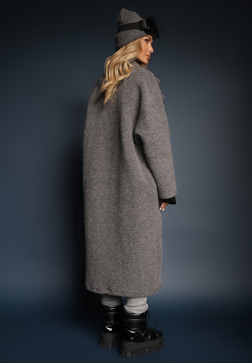 Ciemnoszary Długi Płaszcz Jednorzędowy o Kroju Oversize Vlekoma