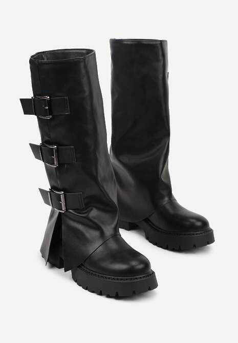 Czarne Kozaki VICES z Wywiniętą Cholewką Zdobioną Sprzączkami Anileria