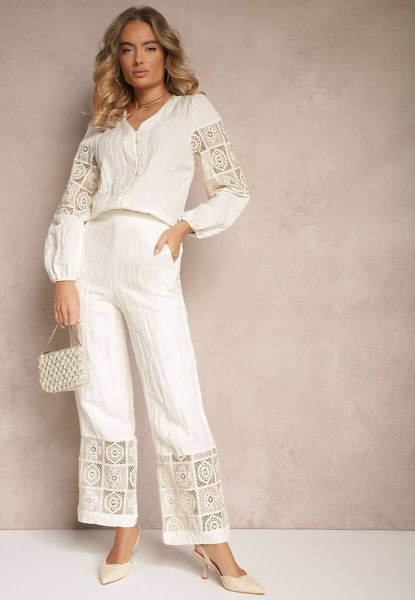 Beżowa Koszula z Bawełny z Koronką i Haftowanymi Zdobieniami Galedia