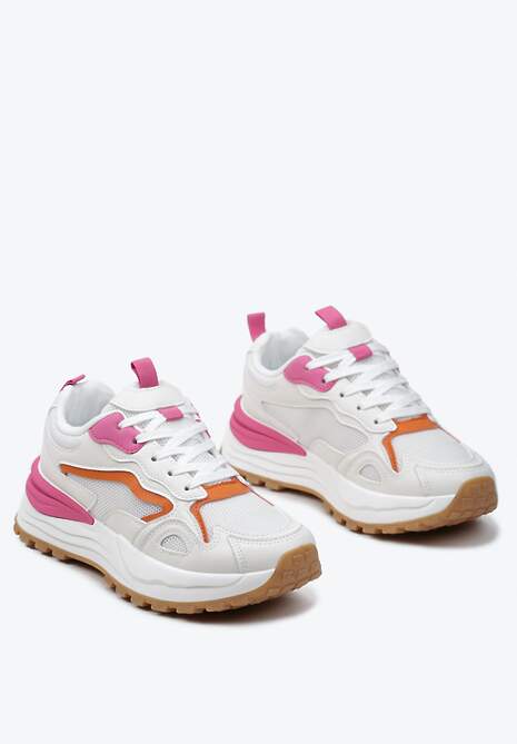 Beżowo-Różowo Sneakersy na Niskiej Platformie z Siateczką z Ozdobnymi Wstawkami Lelphine