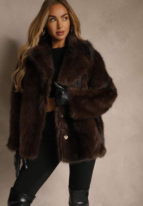 Brązowa Jednorzędowa Kurtka Futerko z Szerokim Kołnierzem Tesandra