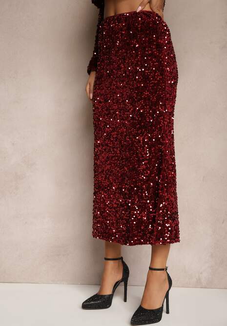 Bordowa Cekinowa Spódnica w Koktajlowym Stylu Gumką w Pasie Berizola
