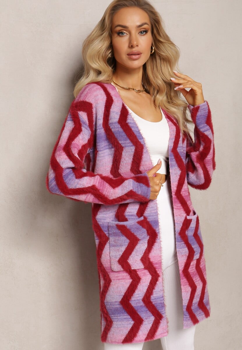 Jasnofioletowy Luźny Kardigan Niezapinany w Geometryczny Print Sheshy