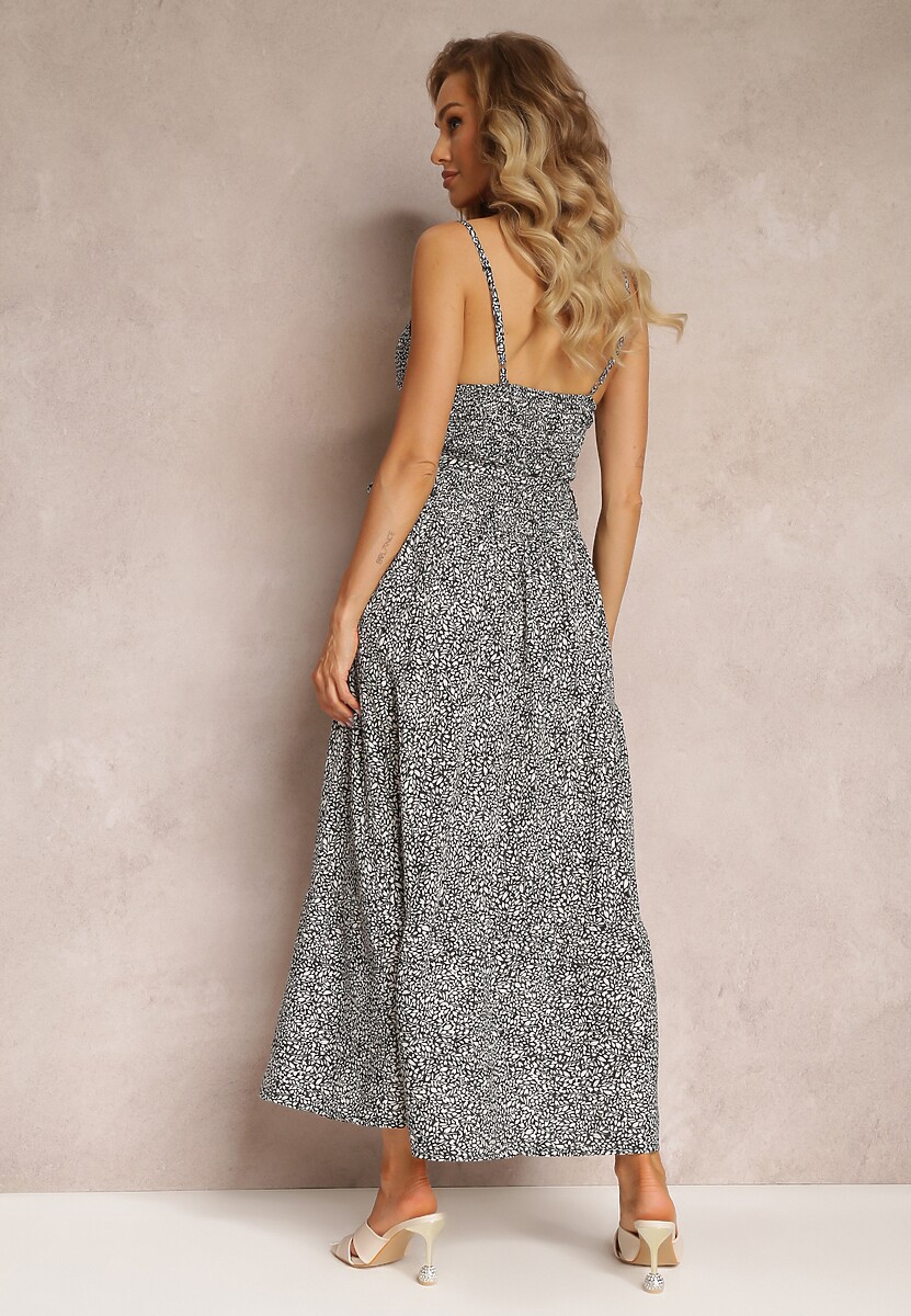 Czarna Kwiecista Sukienka Maxi na Regulowanych Ramiączkach z Materiałowym Paskiem Phoebilu