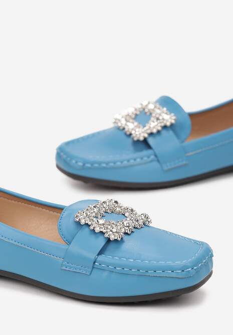 Niebieskie Płaskie Mokasyny z Kwadratowym Noskiem Ozdobionym Kryształkami Celeshta