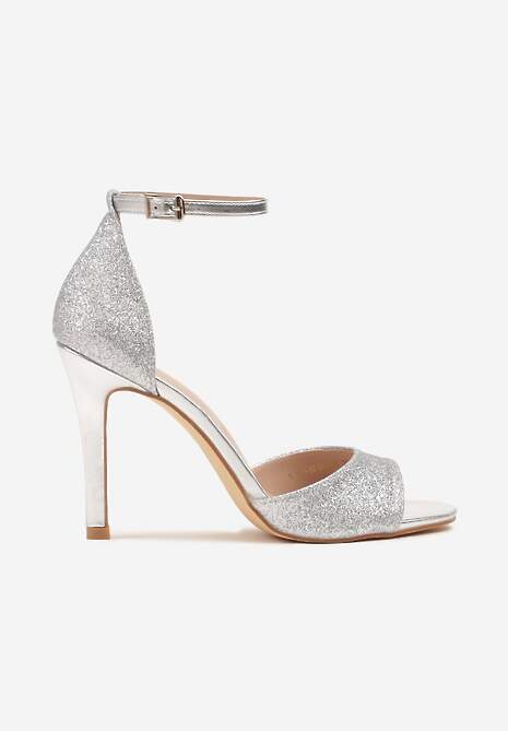 Srebrne Brokatowe Sandały Vices na Szpilce z Okrągłym Noskiem Katoria