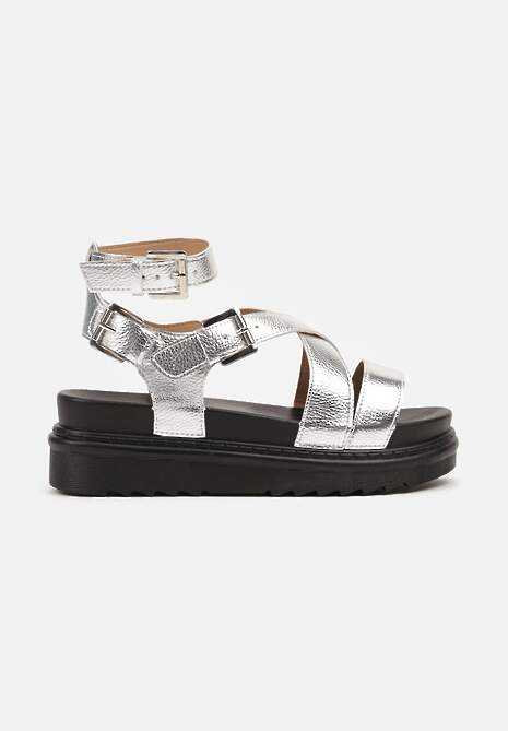 Srebrne Sandały Zapinane wokół Kostki na Grubej Podeszwie Diunna