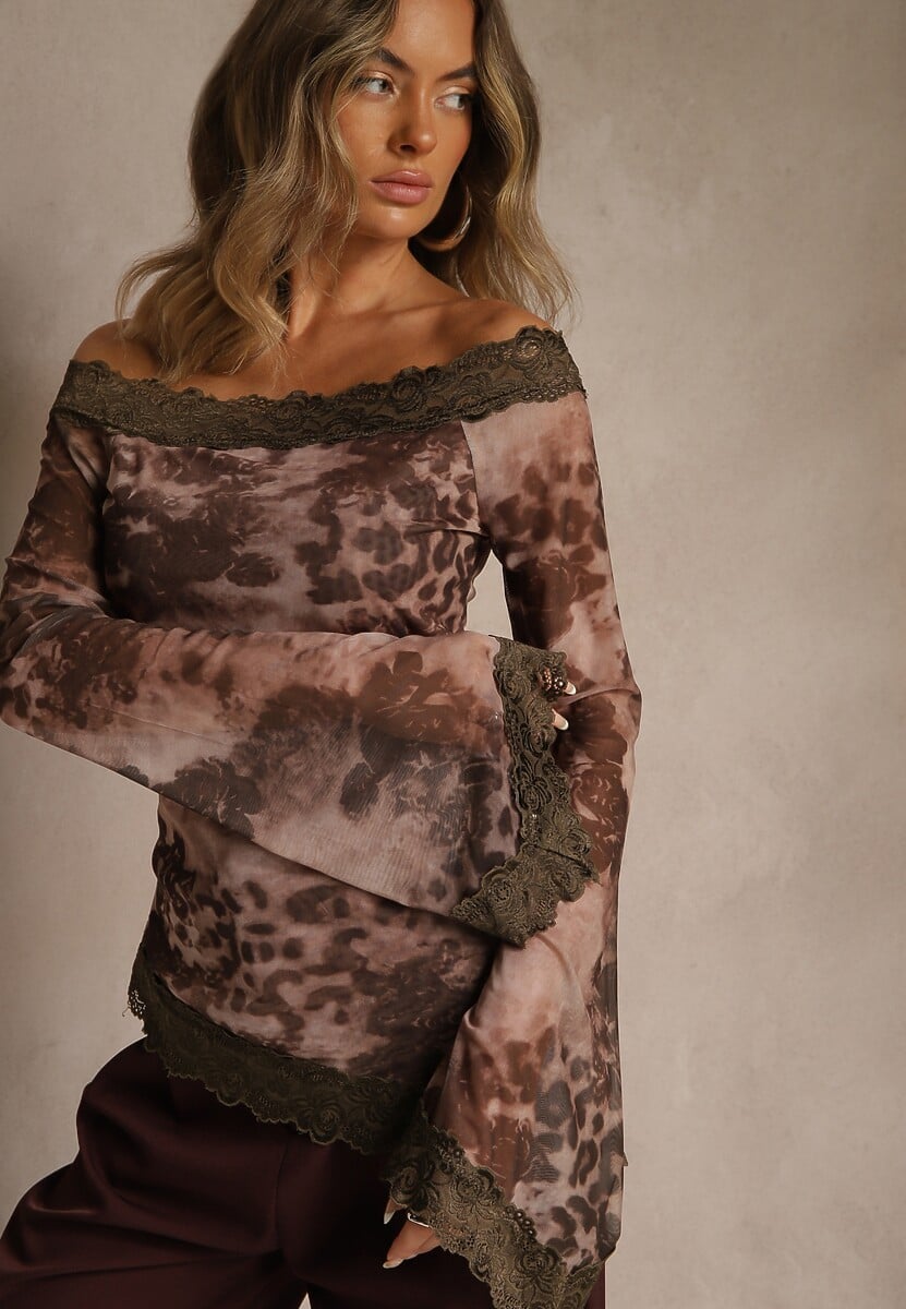 Brązowa Bluzka Siateczkowa Typu Hiszpanka z Bawełną i Wiskozą  z Koronką Nurriva