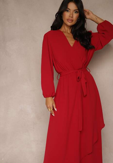 Czerwona Asymetryczna Koktajlowa Sukienka z Wiskozą Kopertowym Dekoltem i Paskiem Laniea