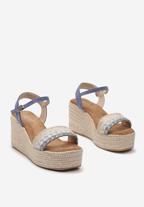Niebieskie Sandały na Koturnie w Stylu Boho Zapinane na Sprzączkę Elines
