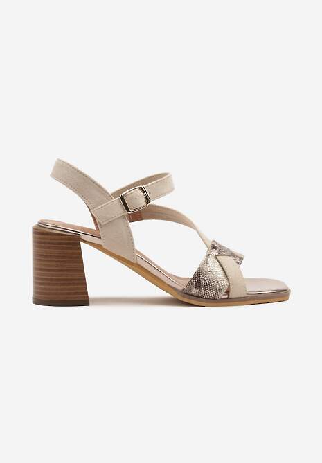 Beżowe Sandały na Słupku Ozdobione Paskami z Tłoczeniem Onellia