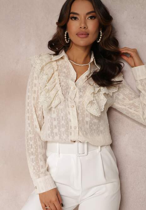 Beżowa Metaliczna Koszula na Guziki z Falbanką Ettawel