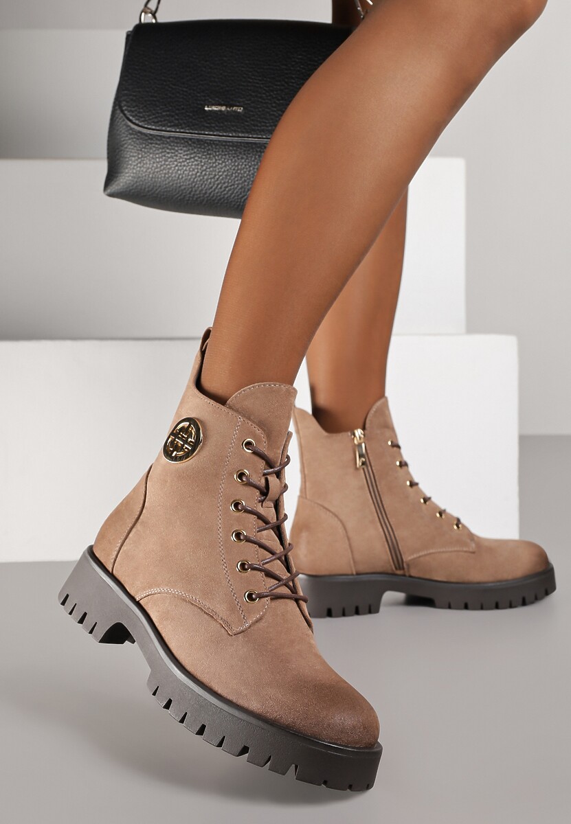 Beżowe Botki Potocki Workery z Geometryczną Ozdobą Firiselle