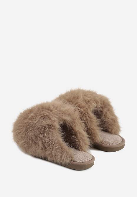 Brązowe Miękkie Kapcie Ozdobione Długim Włosiem Cendria