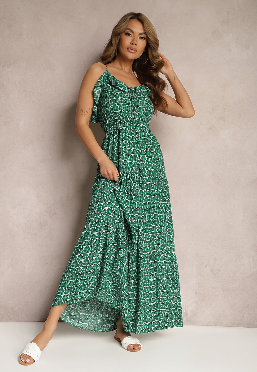 Zielona Rozkloszowana Sukienka z Wiskozy na Regulowanych Ramiączkach Wrinesa