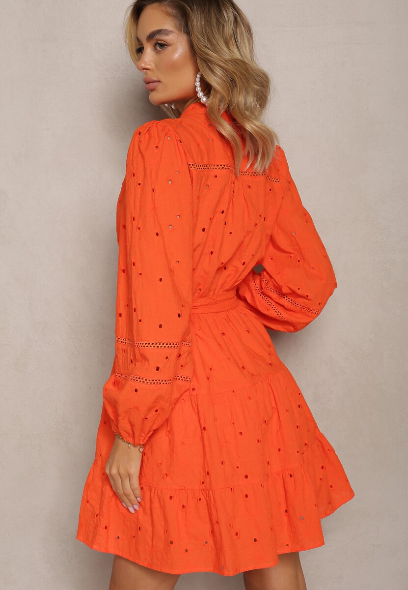 Pomarańczowa Bawełniana Sukienka z Haftem na Guziki z Gumką w Pasie oraz Paskiem Weritte