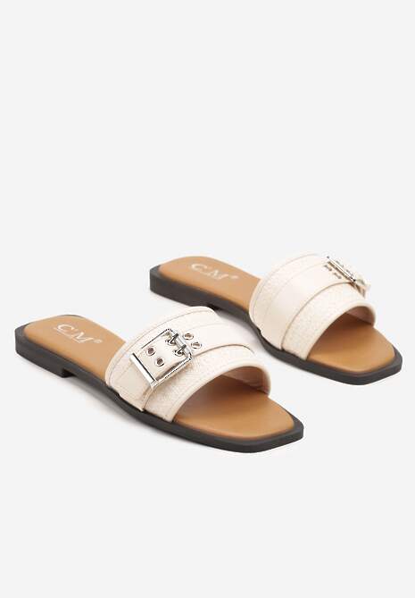 Beżowe Klapki z Tweedowymi Zdobieniami i Sprzączką Zeltewi