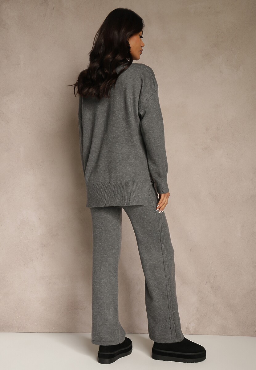 Ciemnoszary Dzianinowy Komplet z Wełną w Warkoczowy Splot Spodnie i Sweter Reinette