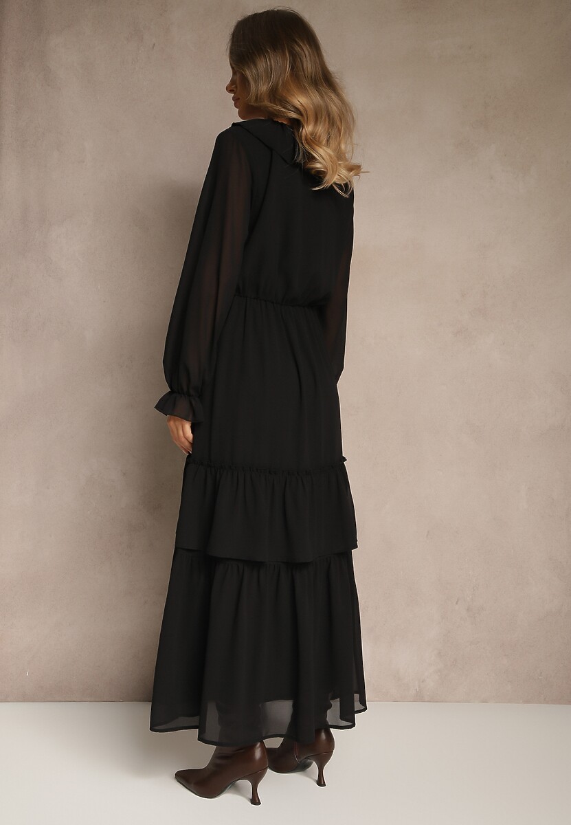 Czarna Rozkloszowana Sukienka VICES z Falbanami i Transparentnymi Rękawami Aruvite