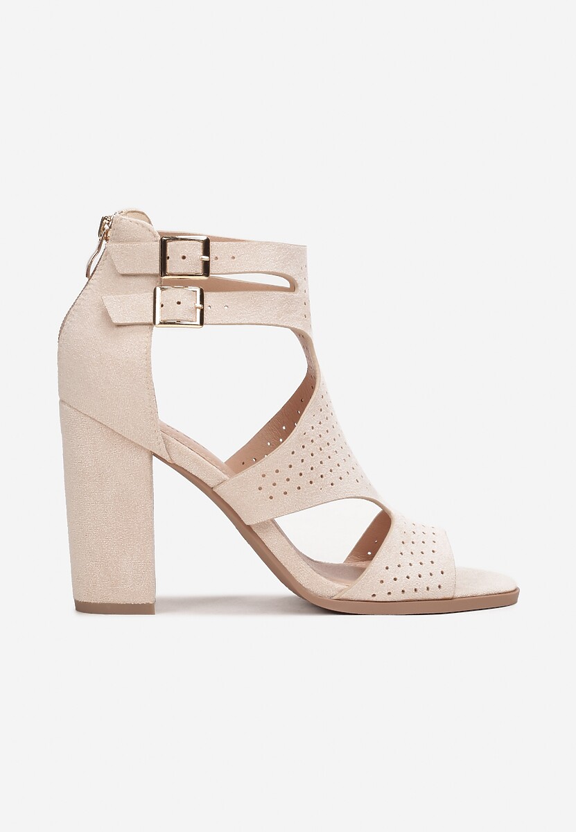 Beżowe Sandały na Wysokim Słupku z Perforacją Meeyah