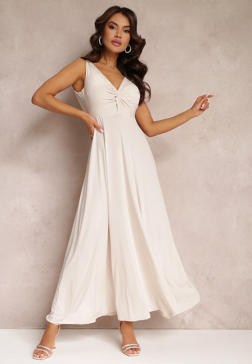 Beżowa Sukienka Maxi Bez Rękawów z Ozdobnym Marszczeniem na Biuście Eliphira