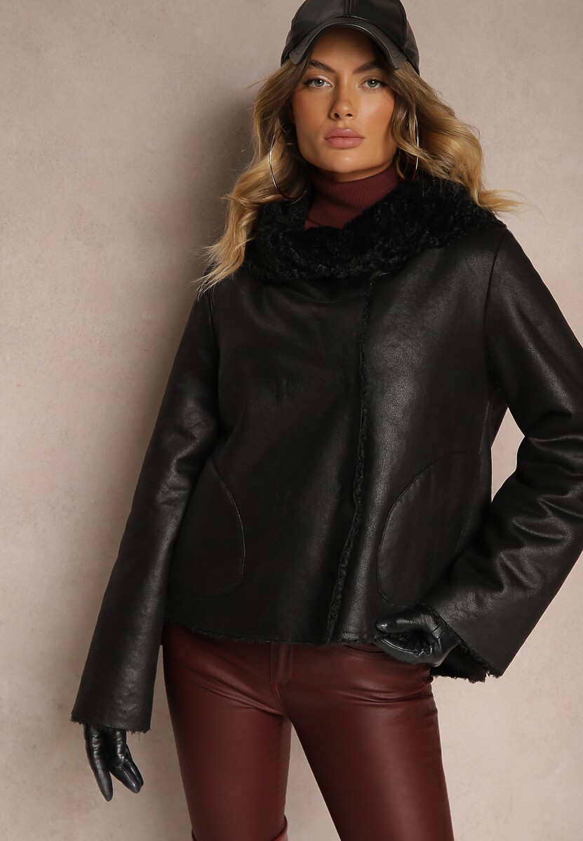 Brązowa Pudełkowa Kurtka Biker z Szerokim Kołnierzem i Futrzaną Wyściółką Lioiala