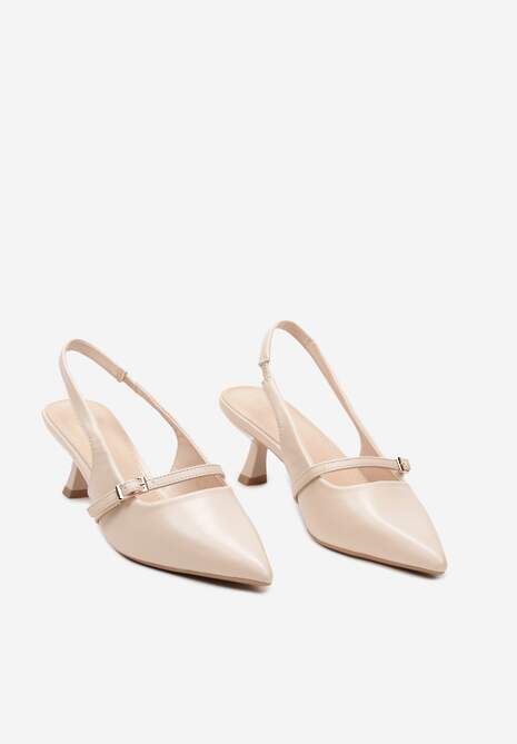 Beżowe Sandały z Odkrytą Piętą na Obcasie Kaczuszka Zapinane na Sprzączkę Alluana