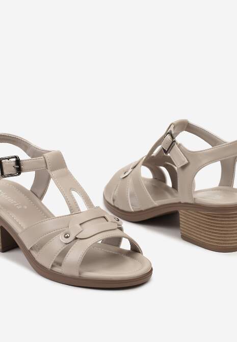 Szare Sandały na Niewysokim Słupku z Ozdobnymi Paseczkami Calixa