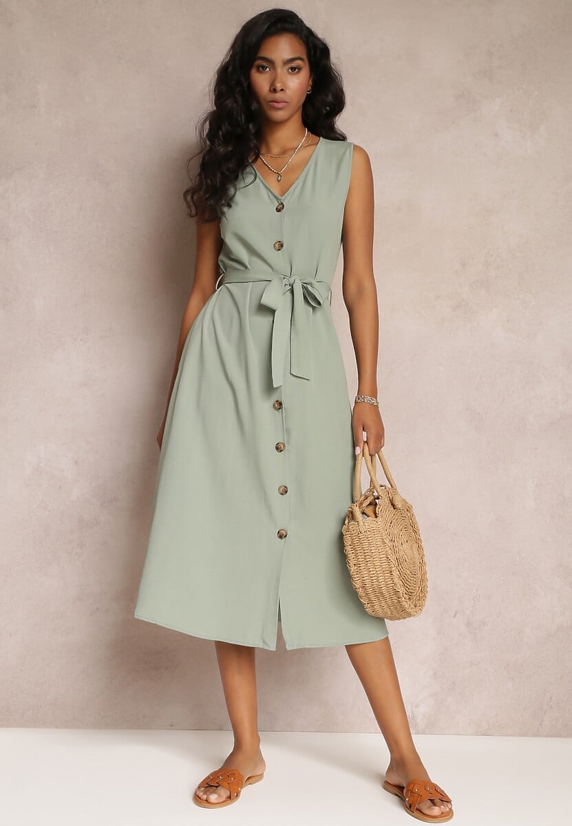 Zielona Trapezowa Sukienka Midi bez Rękawów z Wiązanym Paskiem Ajana