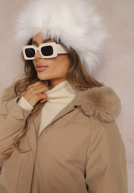 Beżowa Kurtka Pudełkowa z Odpinanym Futerkiem Bastebius