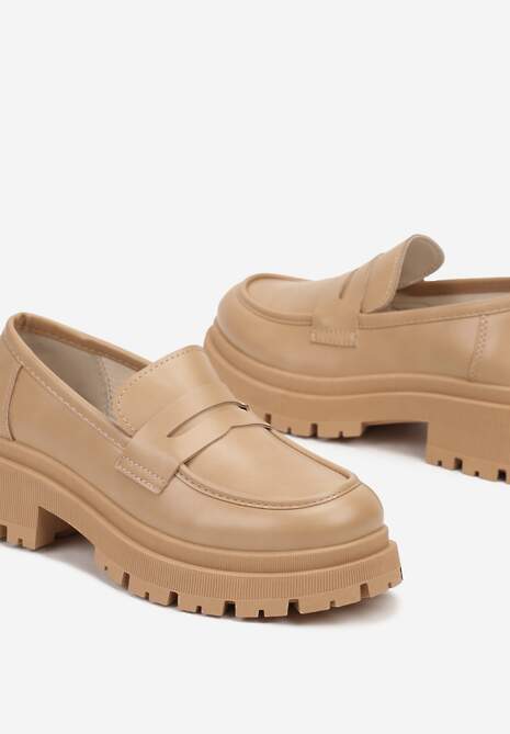 Ciemnobeżowe Eleganckie Mokasyny na Grubej Podeszwie z Tłoczeniami Naiveen