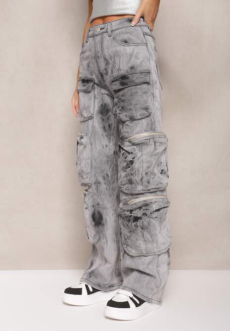 Szare Jeansy w Stylu Cargo z Naszytymi Kieszeniami Deriada