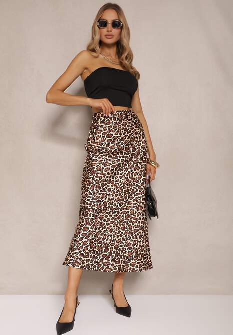 Brązowa Spódnica High Waist ze Zwierzęcym Printem i Gumką w Talii Dimella