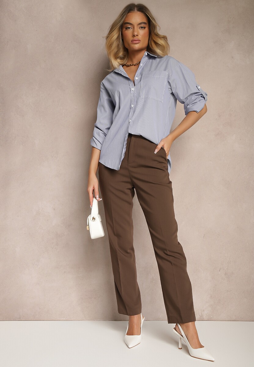 Granatowa Bawełniana Koszula w Paski o Klasycznym Kroju Caldonis