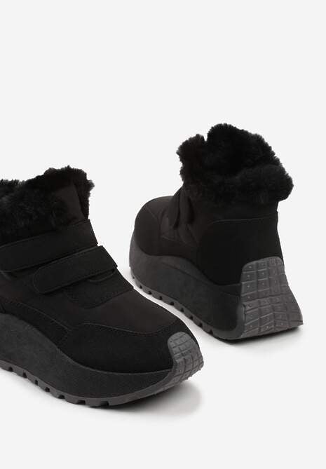 Czarne Sneakersy Śniegowce Vices z Futerkiem na Platformie Zapinane na Rzep Nelosena