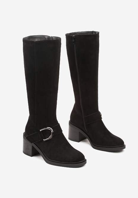 Czarne Kozaki Vices na Słupku z Ozdobną Klamrą i Ociepleniem Moriti